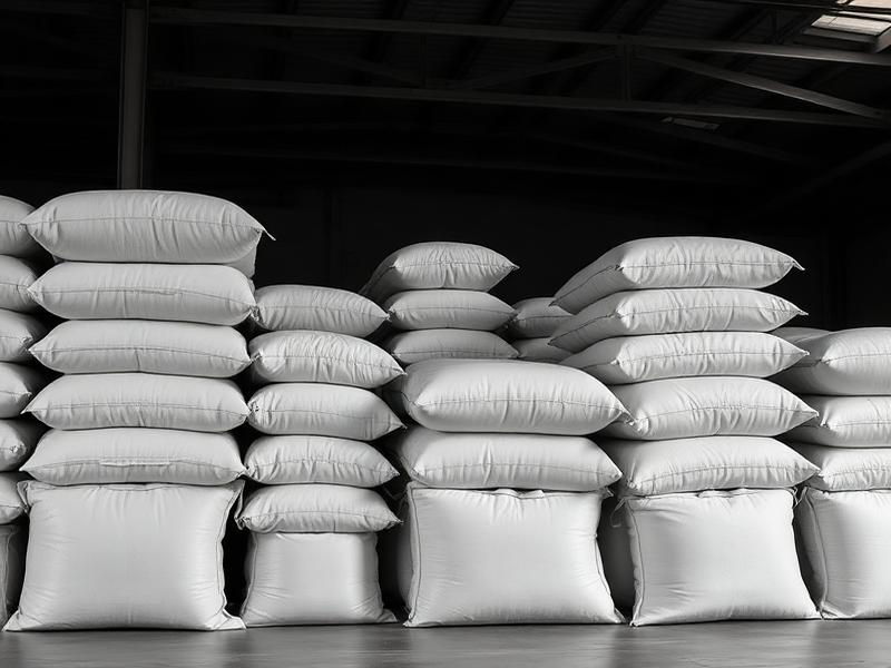 Stacked grey cement bags in a storage warehouse
