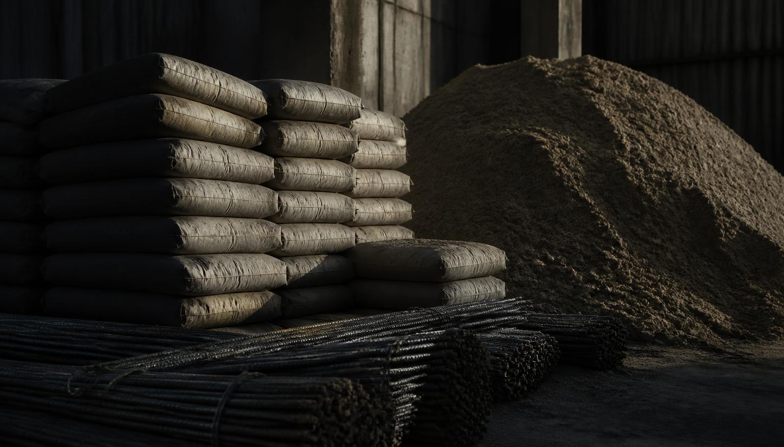Cement bags, sand and steel rods stacked at a construction material yard